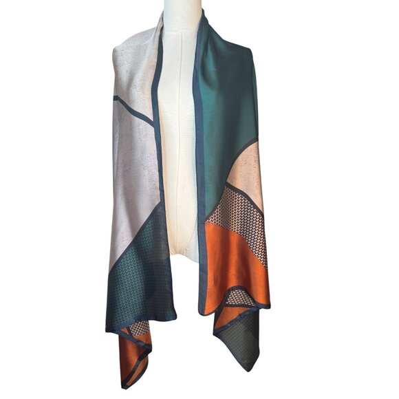 NEW Colorful Abstract Silky Fashion Scarf Burnt Orange Emerald Green & Beige - Picture 2 of 11